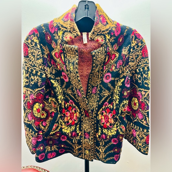 Moth for Anthropologie Black Floral Multicolor One-Button, 3/4-Sleeve Cardi, XXS - Picture 3 of 9